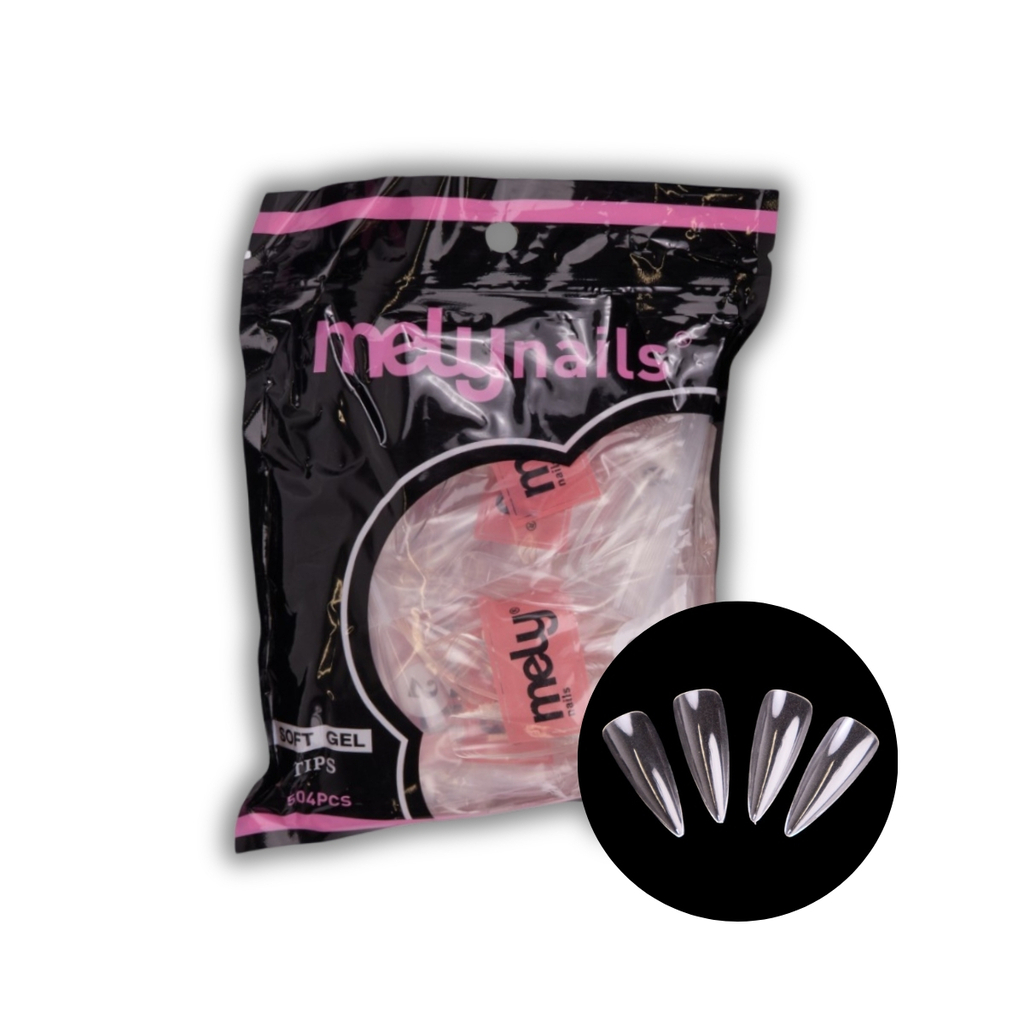 Tips Soft Gel Stiletto Pre-Limadas Mely 504 Unidades